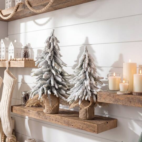 Nearly Natural Unlit Green Artificial Mini Flocked Christmas Tree with Burlap Base Set